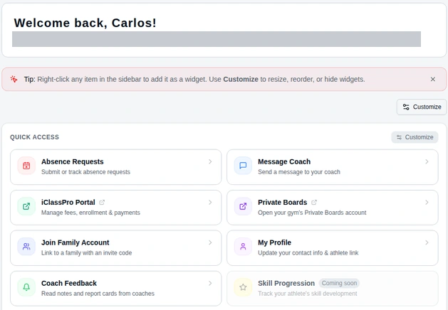 Actual AL1GN parent dashboard with athlete details hidden and access to absence requests, coach messaging, and feedback.